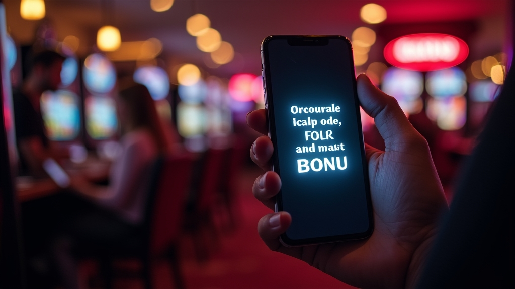 Joueur consultant un code promo sur mobile dans une ambiance de casino sombre