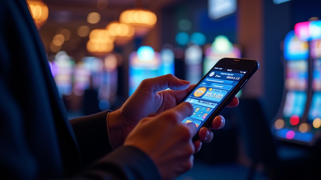 Joueur sur smartphone avec des free spins dans un casino sombre